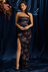 La Rochette-Bandeau Cowl-Neck Maxi Dress in Black Floral Print
