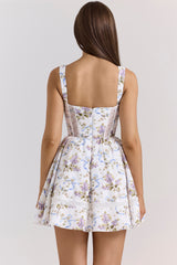 White Floral Ribbon Print Cotton Mini Dress