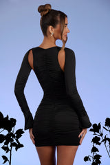 Zurich-Low Plunge Ruched Mini Dress in Black