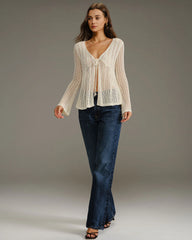 Beige V Neck Bell Sleeve Cardigan