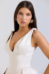 Vintage Cream Satin Pleated Midi Dress