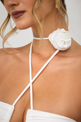 Vasara-Slinky Jersey Rose Detail Halter Neck Maxi Dress in White