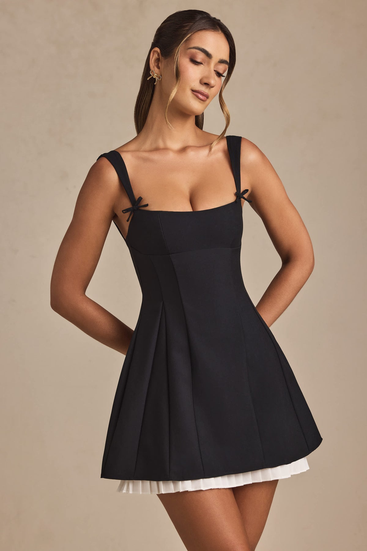 Cressida-Bow-Detail Pleated A-Line Mini Dress in Black