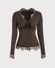Brown Contrasting V Neck Slim Tee