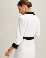 White Contrasting V Neck Button Midi Dress