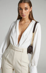 Zephyr Bodysuit - Plunge Neck Cowl Bodysuit in White